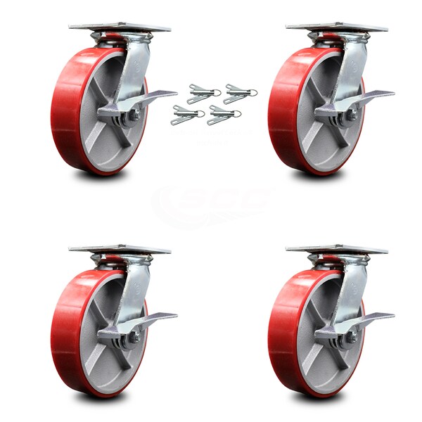 8 Inch Poly on Cast Iron Caster Set with Ball Bearing and Brakes/Swivel Locks